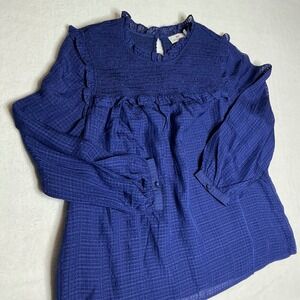 Vineyard Vines Smocked Ruffle Long Sleeve Blue Gingham Blouse Top Women's Medium